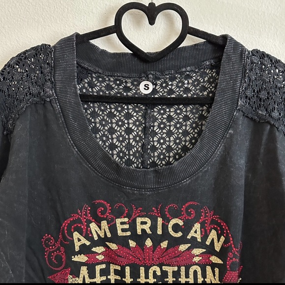 NWOT Affliction Black Mineral Washed Jeweled Graphic Crochet Cotton Top Size S - Picture 4 of 9